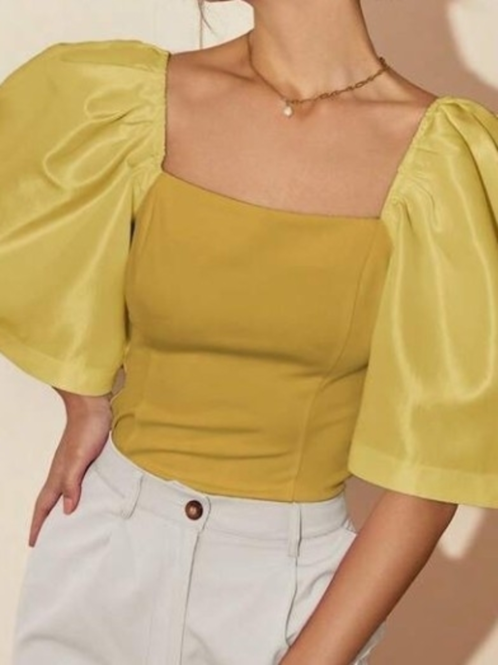 Square Neck Puff Sleeve Top in Mustard Yellow